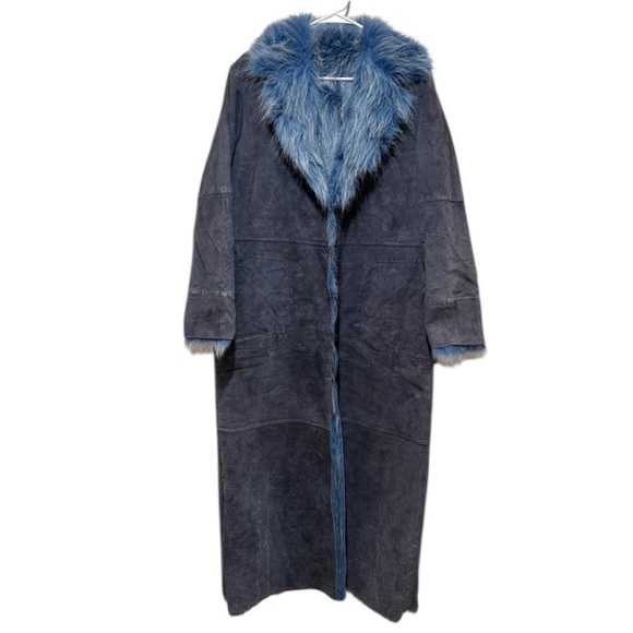 VTG Newport News Penny Lane Long Suede Coat Medium M Blue Faux Fur Lined New - Picture 1 of 13